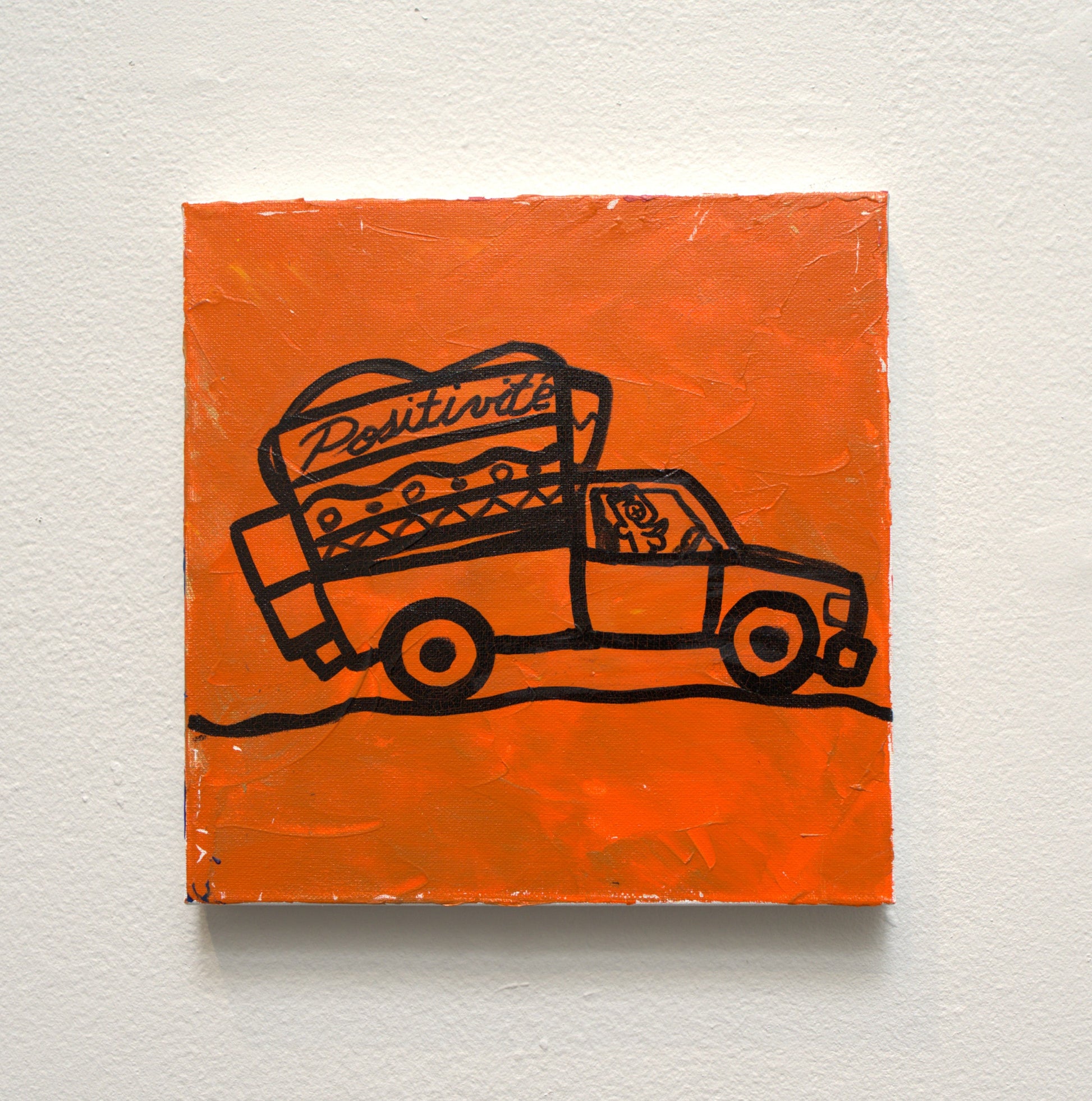 Orange square with black line drawing of a truck and 'Positivite' text on a textured white background