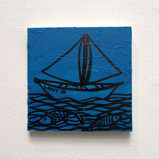 Artistic depiction of a sailboat on sea water with black outline and the words LAVI A , on a textured Blue background.